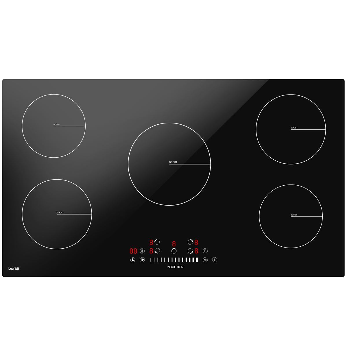 Baridi 90cm Built-In Induction Hob with 5 Cooking Zones, 9300W, Boost Function, 9 Power Levels, Slider Touch Control, Hardwired