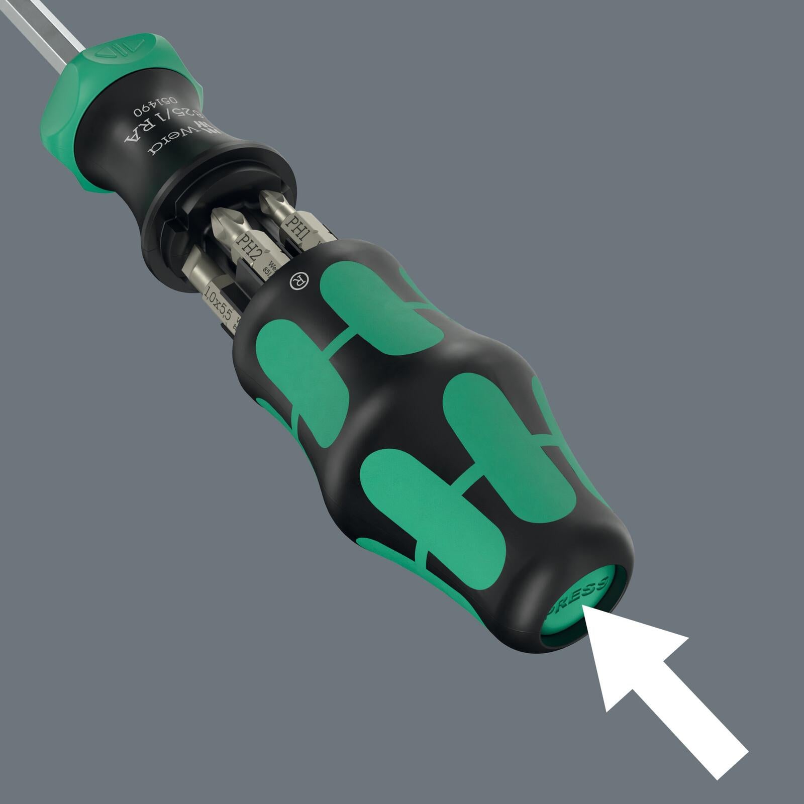 Wera Ratchet Screwdriver Kraftform Kompakt 27 RA 2 Integrated Bit Magazine 6 Pieces PH SL SQ