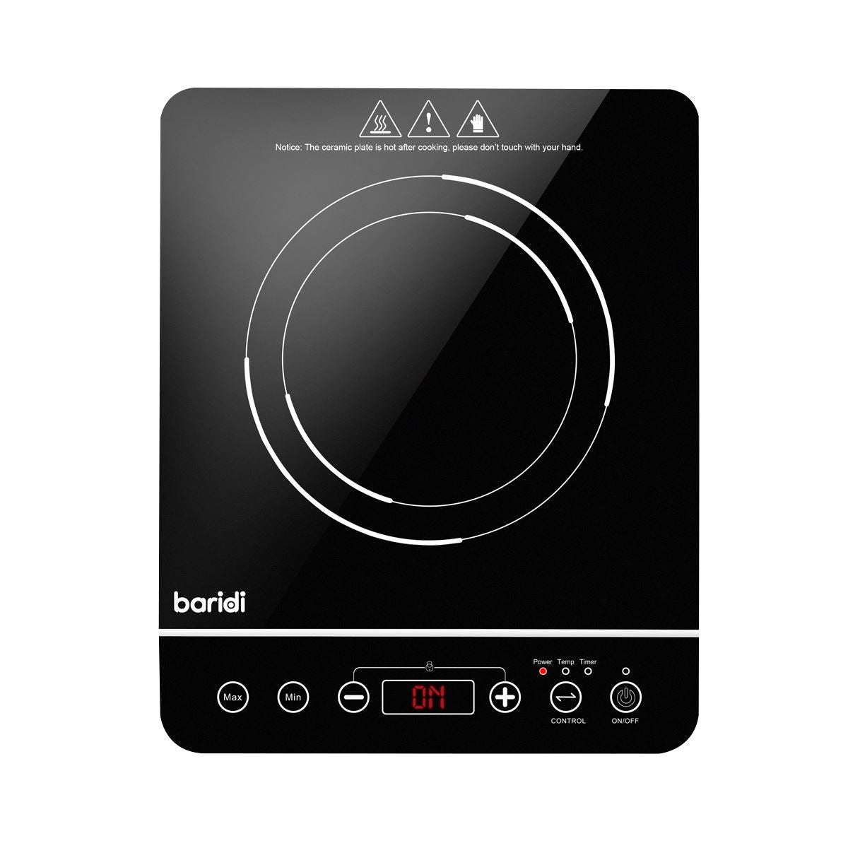 Baridi Induction Hob: Single Zone with 13A Plug, 10 Power Settings 200W-2000W, Touch Controls, 3-Hour Timer Function, Child Lock, Black