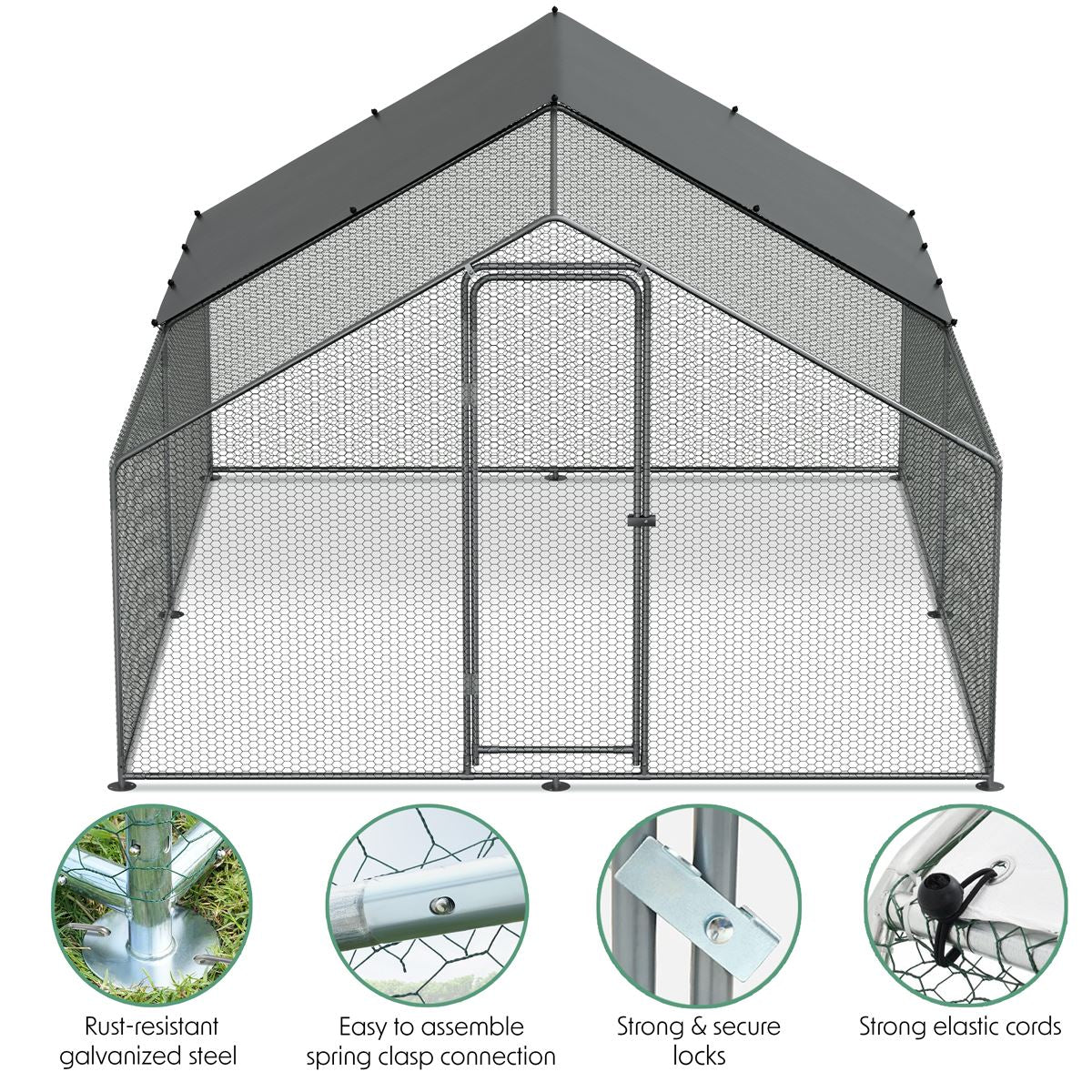 Dellonda 3 x 4 x 2m Walk-In Chicken Run, Galvanized Steel, Roof Cover, PVC Coated Chicken Wire