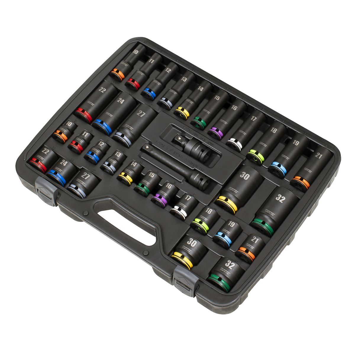 Sealey Premier Lock-On™ Standard & Deep Impact Socket Set 34pc 1/2"Sq Drive 6pt Metric  White Rose Tools