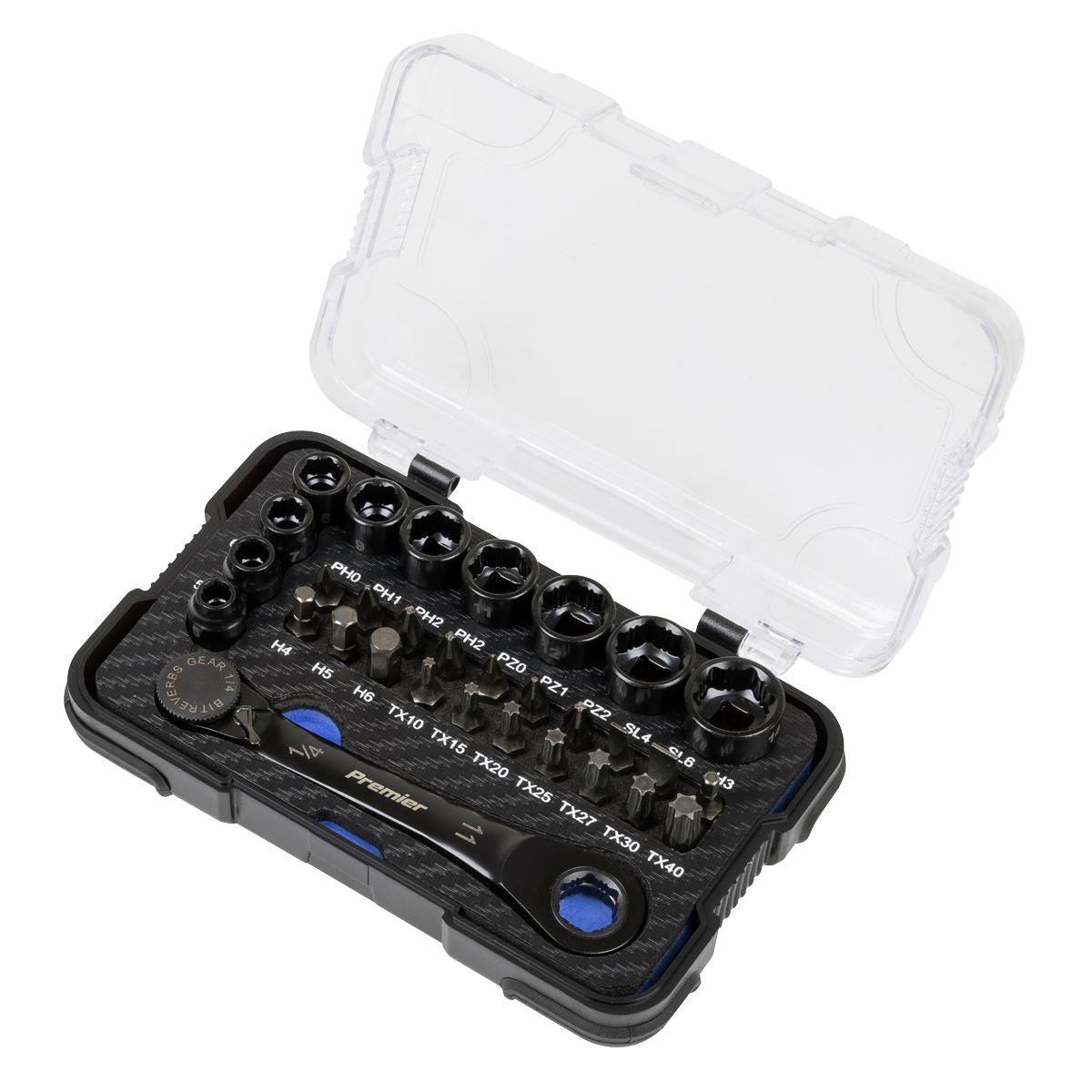 Sealey Premier Black Premier Black Go-Through Lock-On™ Low Profile Socket & Bit Set 1/4"Sq Drive 31pc  White Rose Tools