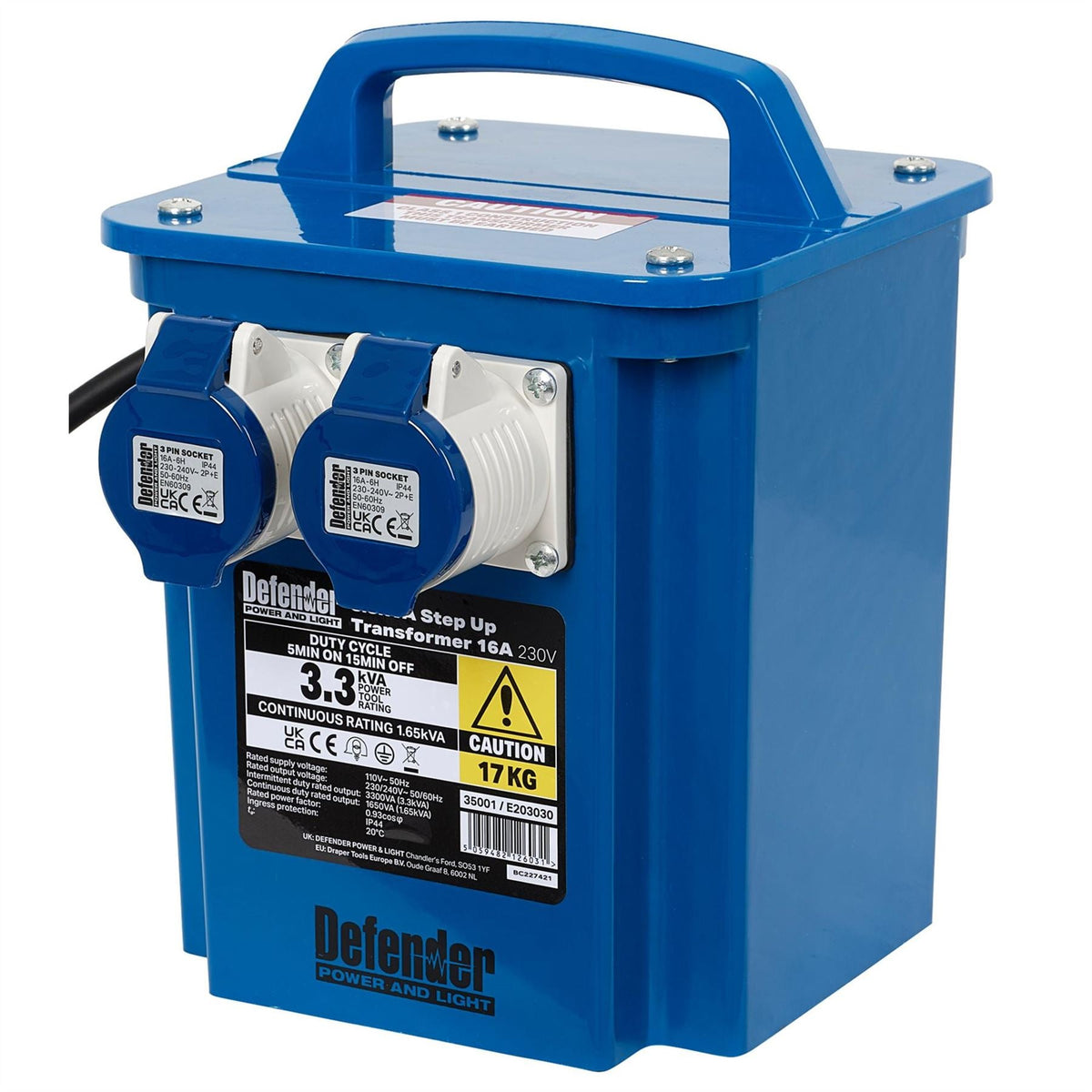 Defender E203030 3.3kVA 230V Step Up Transformer 16A 35001  White Rose Tools