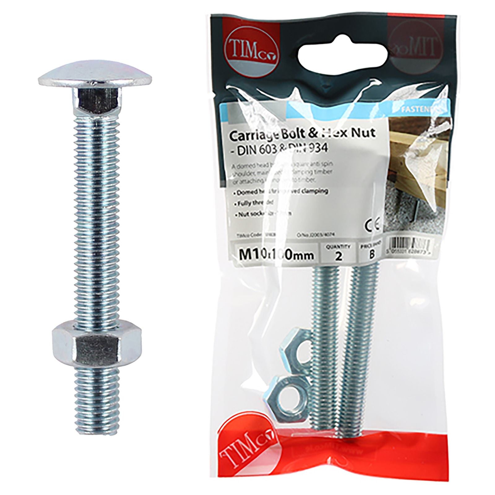 TIMCO Carriage Bolts with Hex Nuts 4.8 Grade Zinc Carbon Steel TIMpac M6-M12 - Choose Size