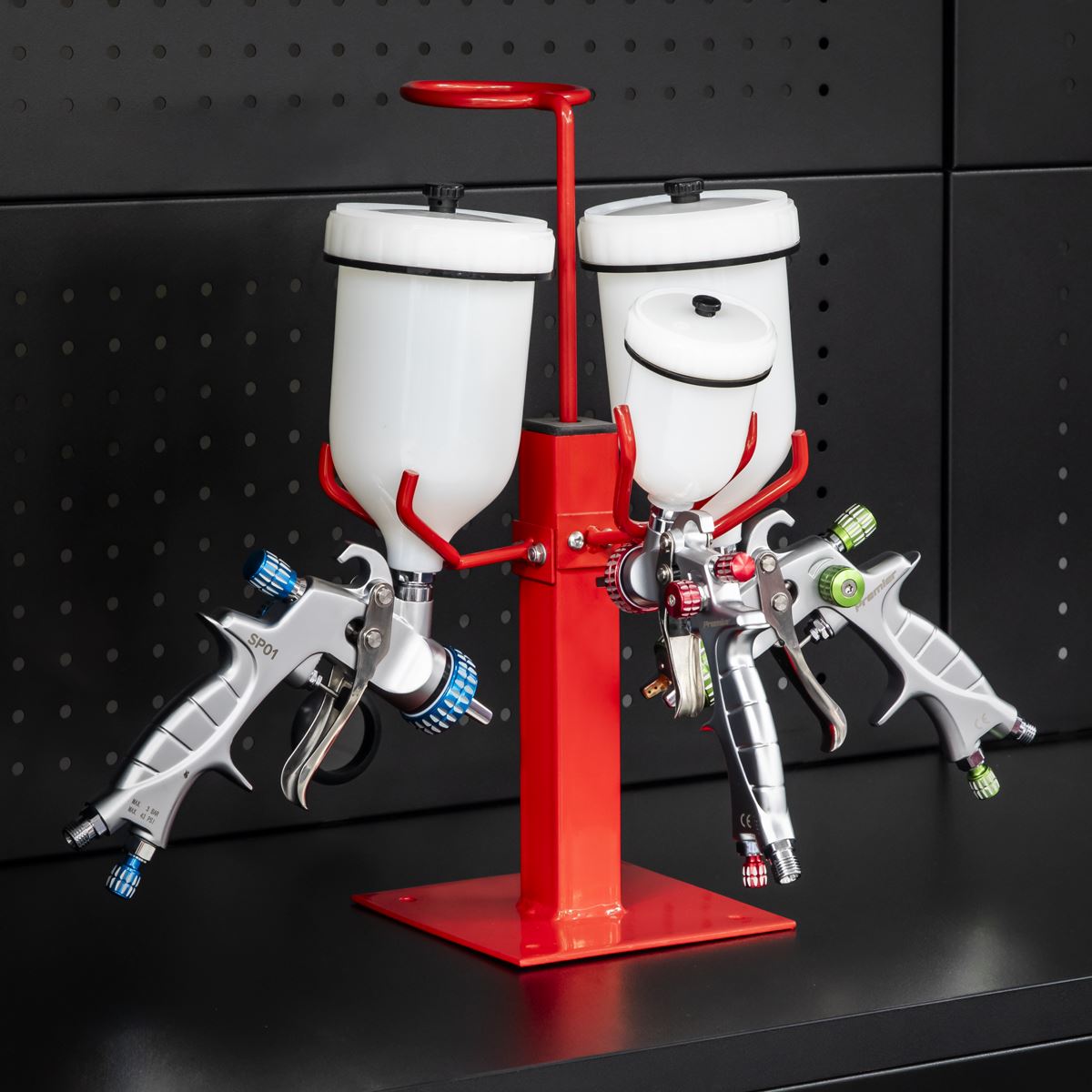 Sealey Spray Gun Holder Stand Heavy Duty 3 Gravity Feed Filter Ring Body Shop 