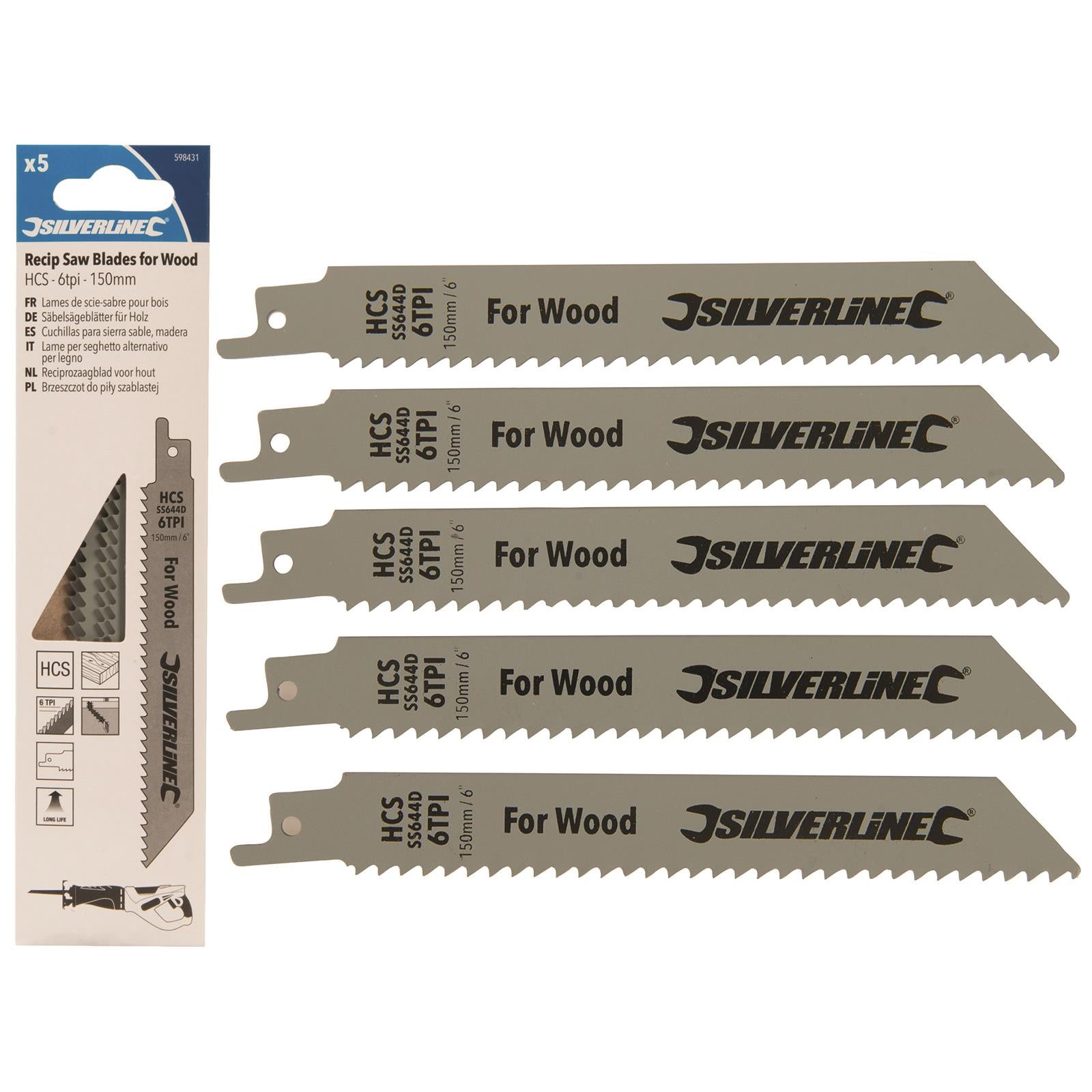 Silverline Recip Saw Blades for Wood HCS 5 Pack 6 TPI 150mm Cutting Blades