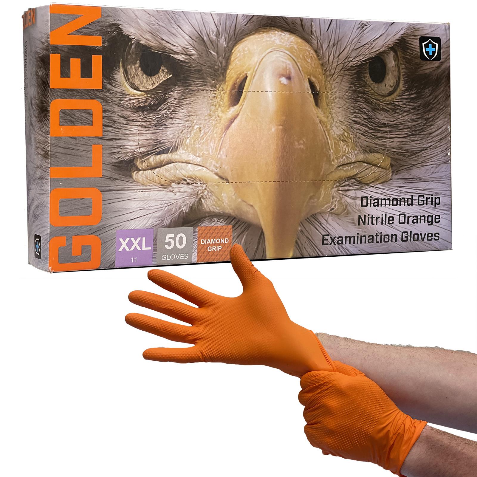 ORN Nitrile Disposable Gloves Golden Diamond Grip Orange Powder Latex Free 50 Box - Choose Size