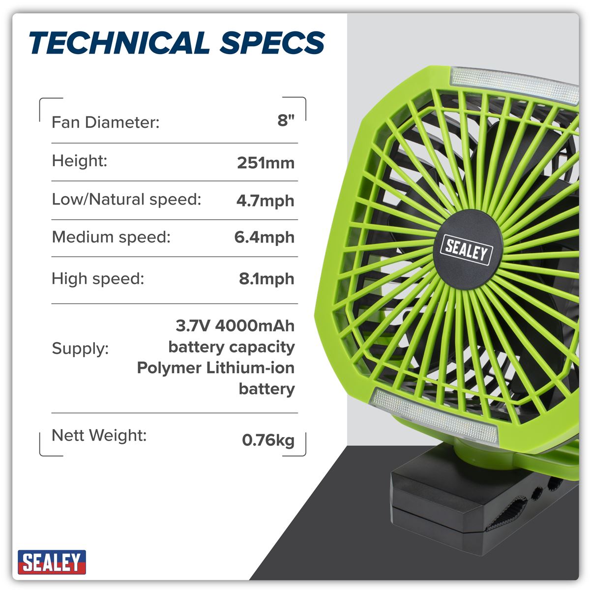 Sealey Portable Clip Fan with Worklight 8" 4 Speeds  White Rose Tools
