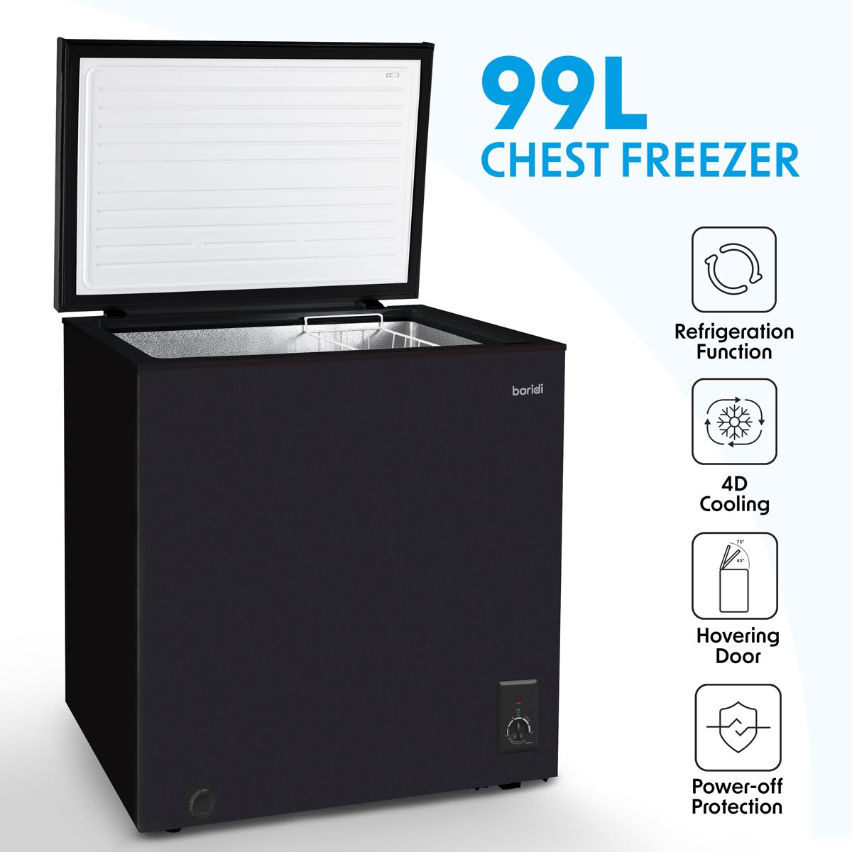 Baridi Freestanding Chest Freezer, 99L Capacity, -12 to -24°C Adjustable Thermostat, Black - DH153