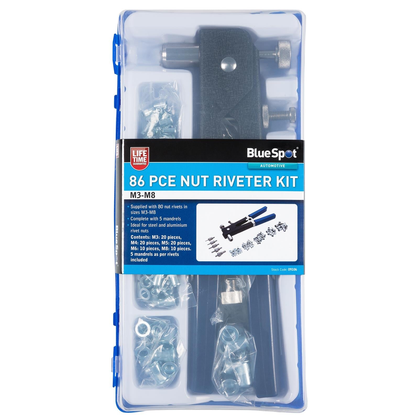 BlueSpot Nut Riveter Kit 86 Piece M3-M8 in Storage Case 