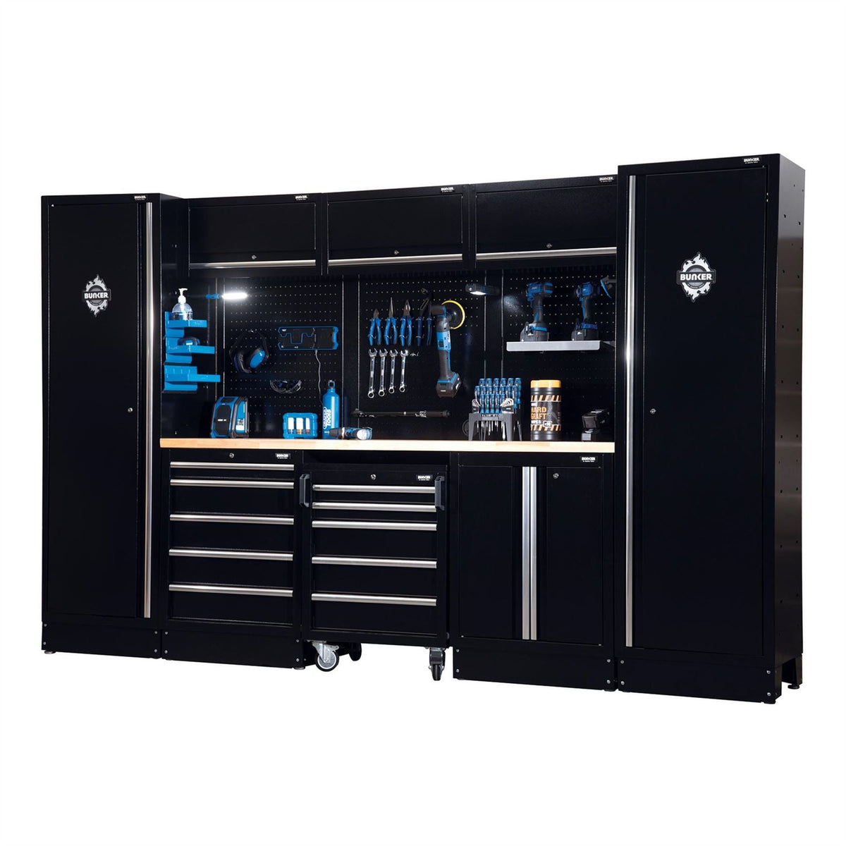 BUNKER 16 Piece Modular Storage Combo with Hardwood Worktop 3240mm 27066  White Rose Tools