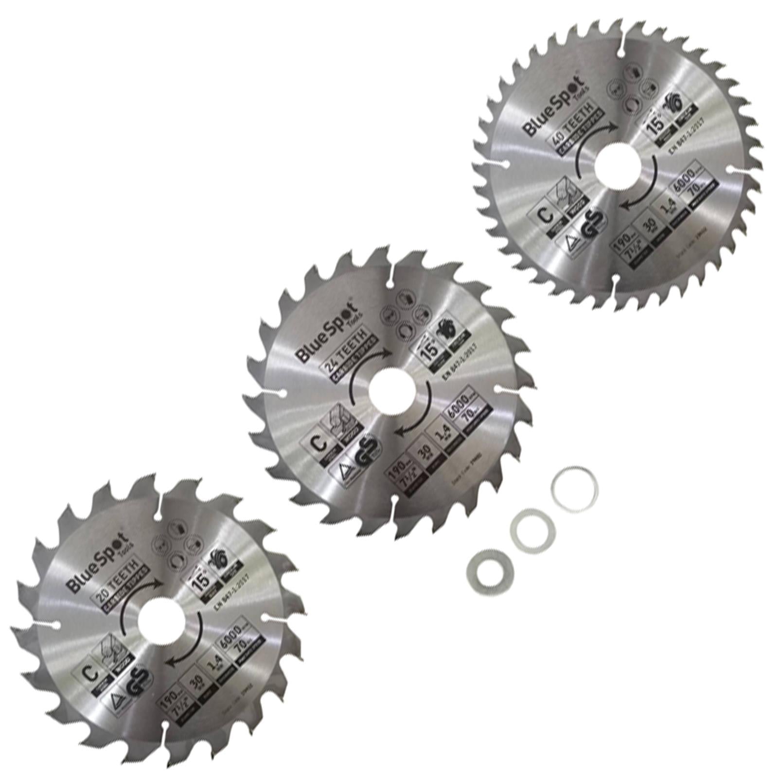 BlueSpot TCT Circular Saw Blades 20 24 40 Teeth 190mm x 30mm 3 Piece
