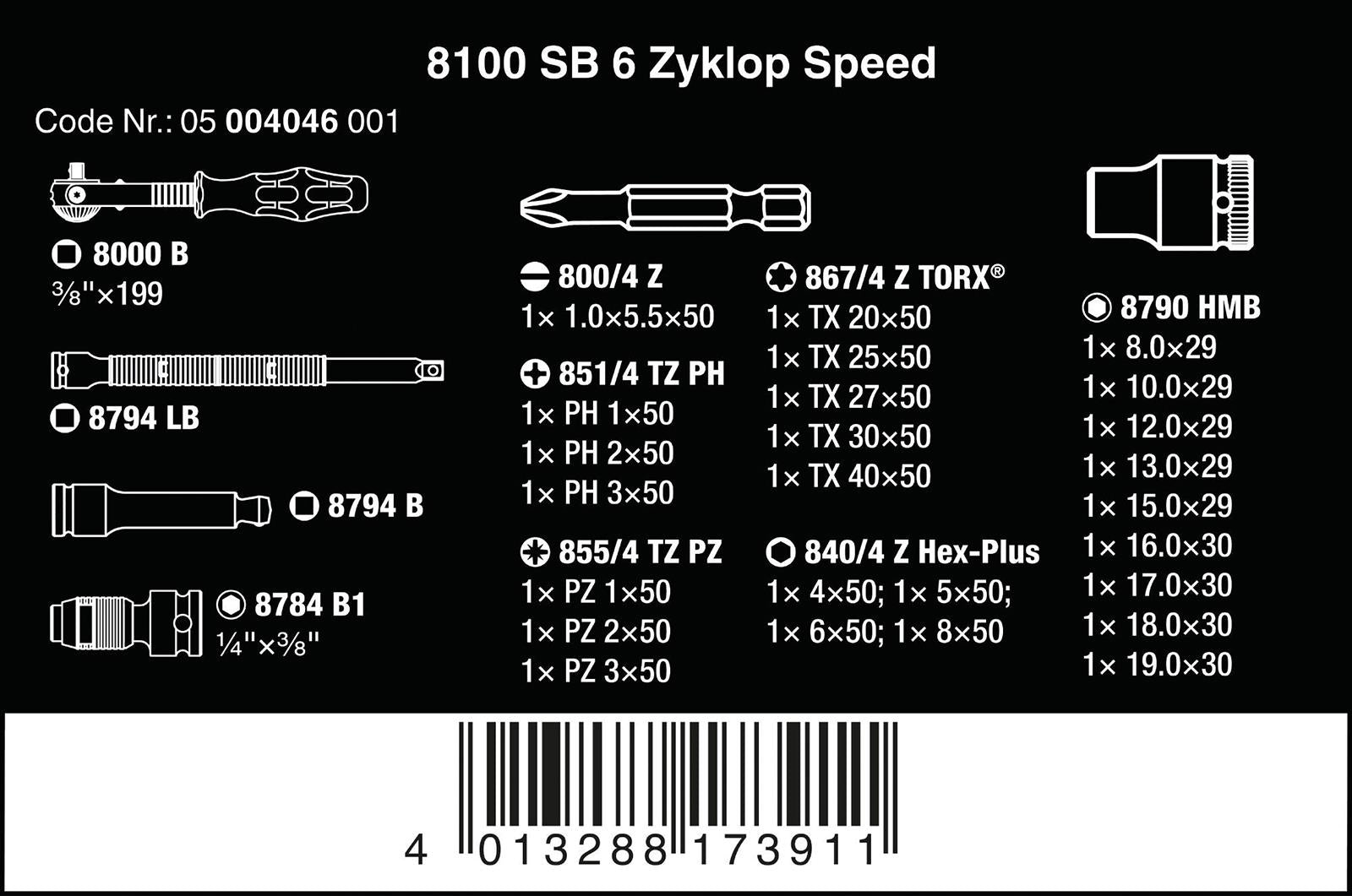 Wera Zyklop Speed Ratchet Socket and Screwdriver Bit Set 3/8" Drive 8100 SB 6 Metric 29 Pieces