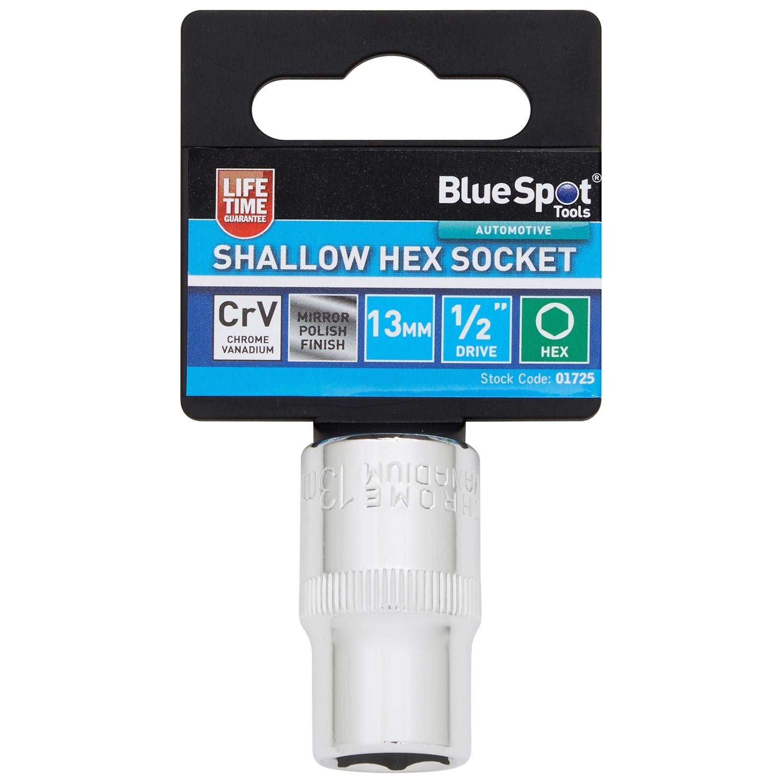 BlueSpot Shallow Socket 1/2" Drive 6 Point Hex Chrome Individual 8-32mm - Choose Size  White Rose Tools