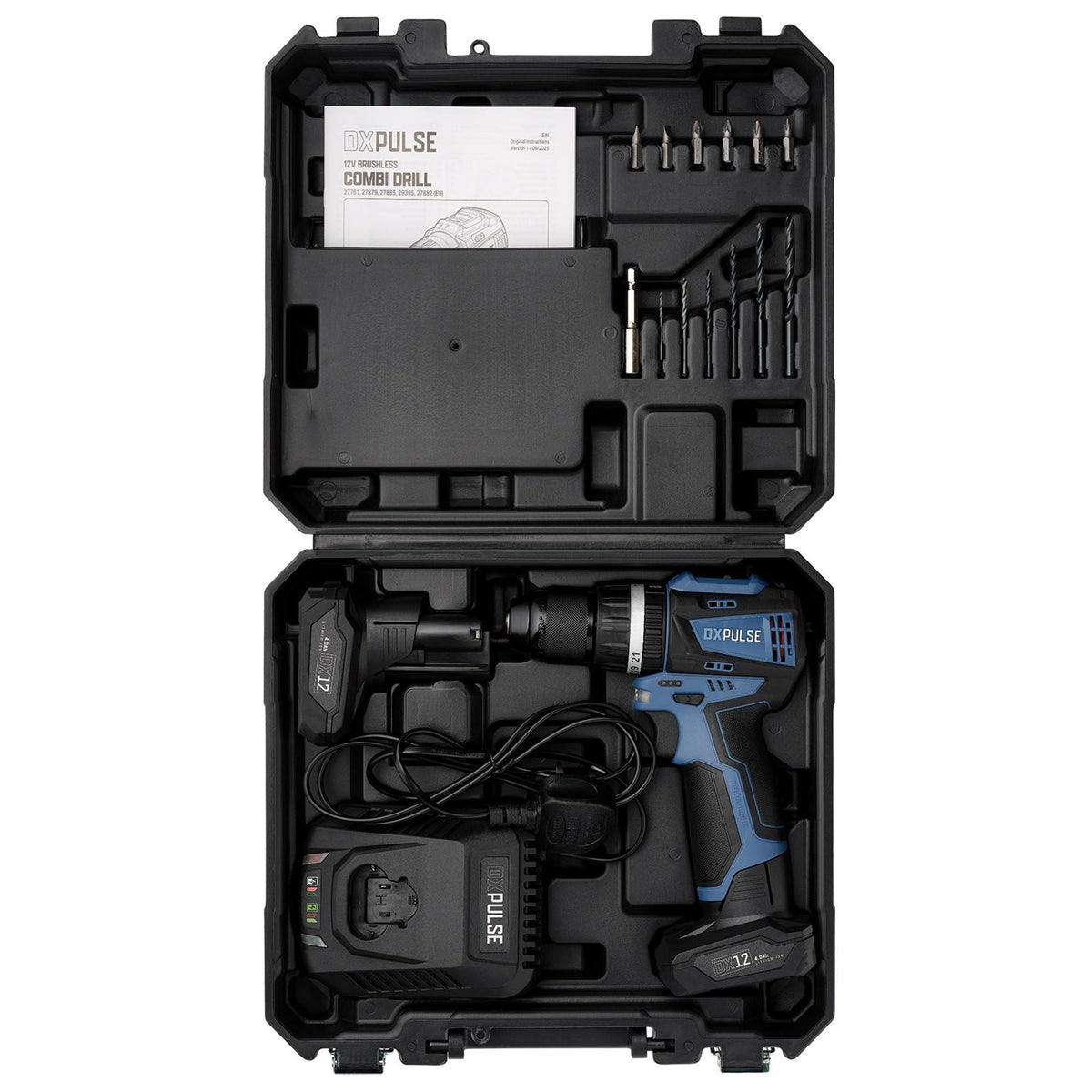 Draper DXPULSE 12V Brushless Combi Drill Kit 2 x 4.0Ah Batteries 1 x Fast Charger 27885  White Rose Tools