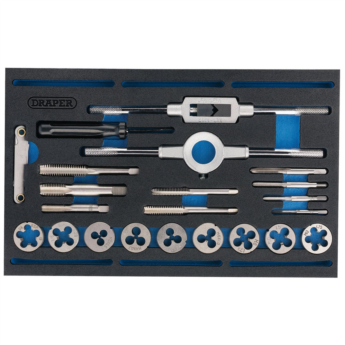 Draper Combination Tap and Die Set - Metric and BSP in EVA Foam Insert Tray (22 Piece) 63520  White Rose Tools