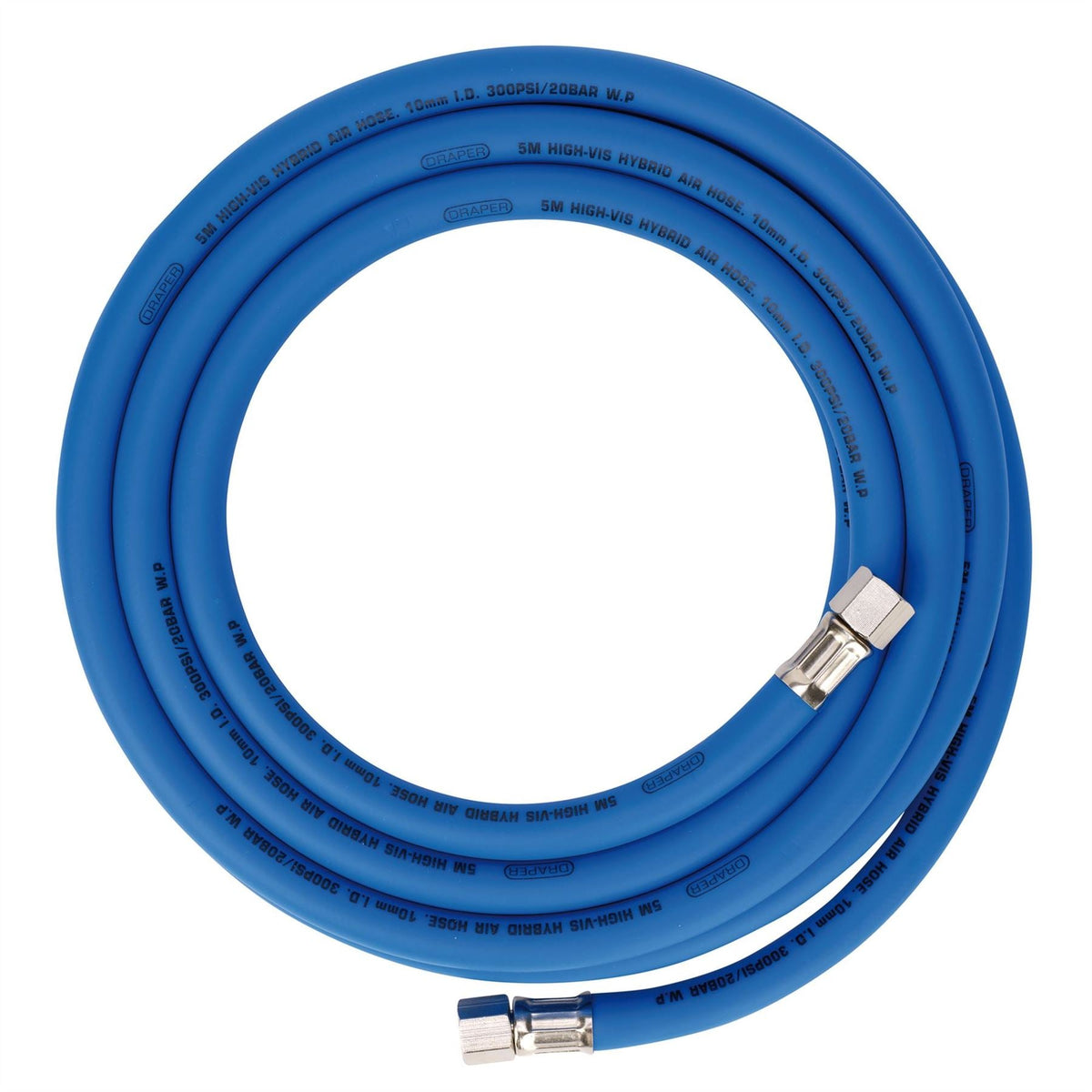 Draper High Visibility Hybrid Air Hose 5m x 10mm 1/4" BSP Blue 31727  White Rose Tools