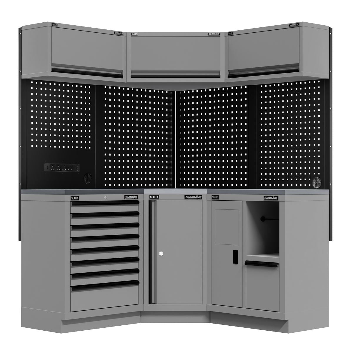 Sealey Superline PRO® Black Edition Modular Corner Storage System with Stainless Steel Worktop 1.54m  White Rose Tools