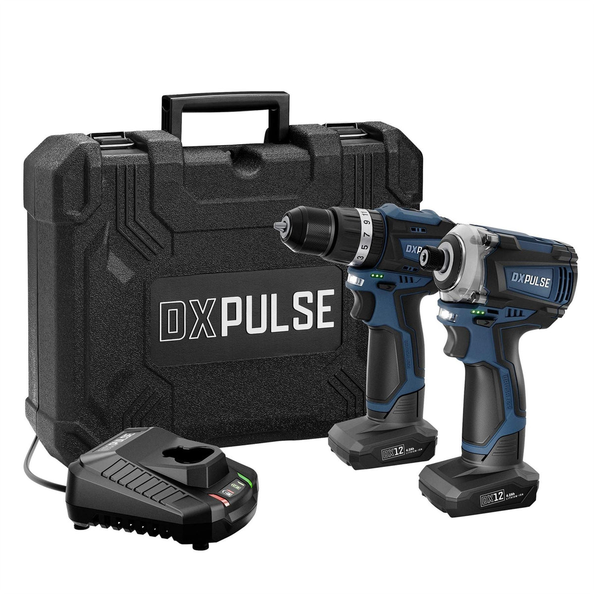 Draper DXPULSE 12V Brushless Combi Drill & Impact Driver Kit 1/4" Sq. Dr. 2 x 4.0Ah Batteries 1 x Fast Charger 28003  White Rose Tools