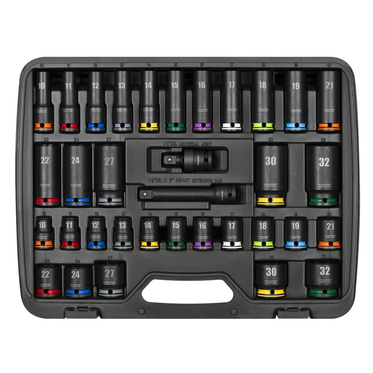 Sealey Premier Lock-On™ Standard & Deep Impact Socket Set 34pc 1/2"Sq Drive 6pt Metric