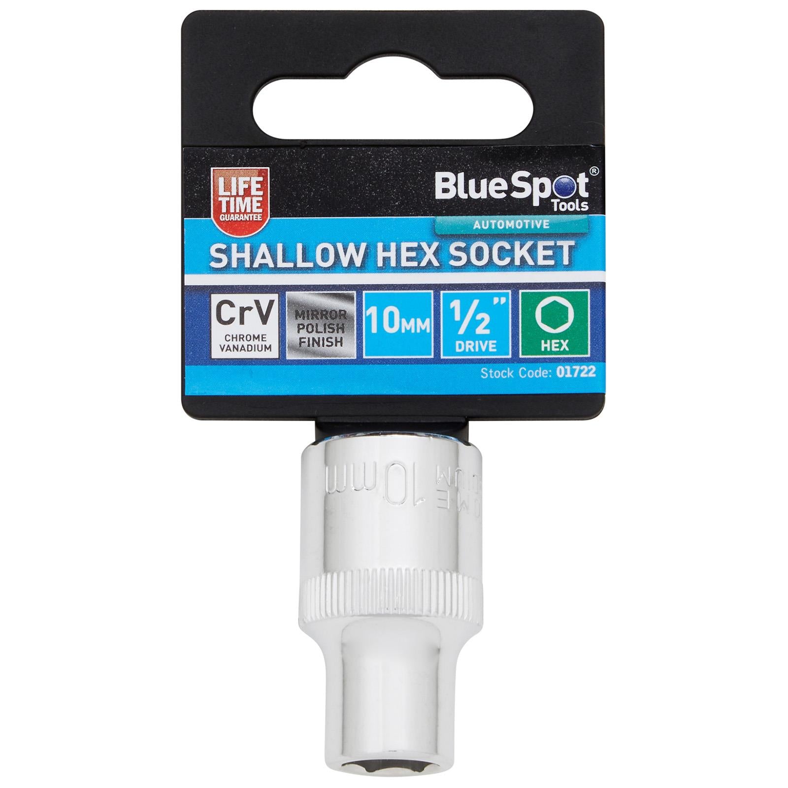 BlueSpot Shallow Socket 1/2" Drive 6 Point Hex Chrome Individual 8-32mm - Choose Size  White Rose Tools