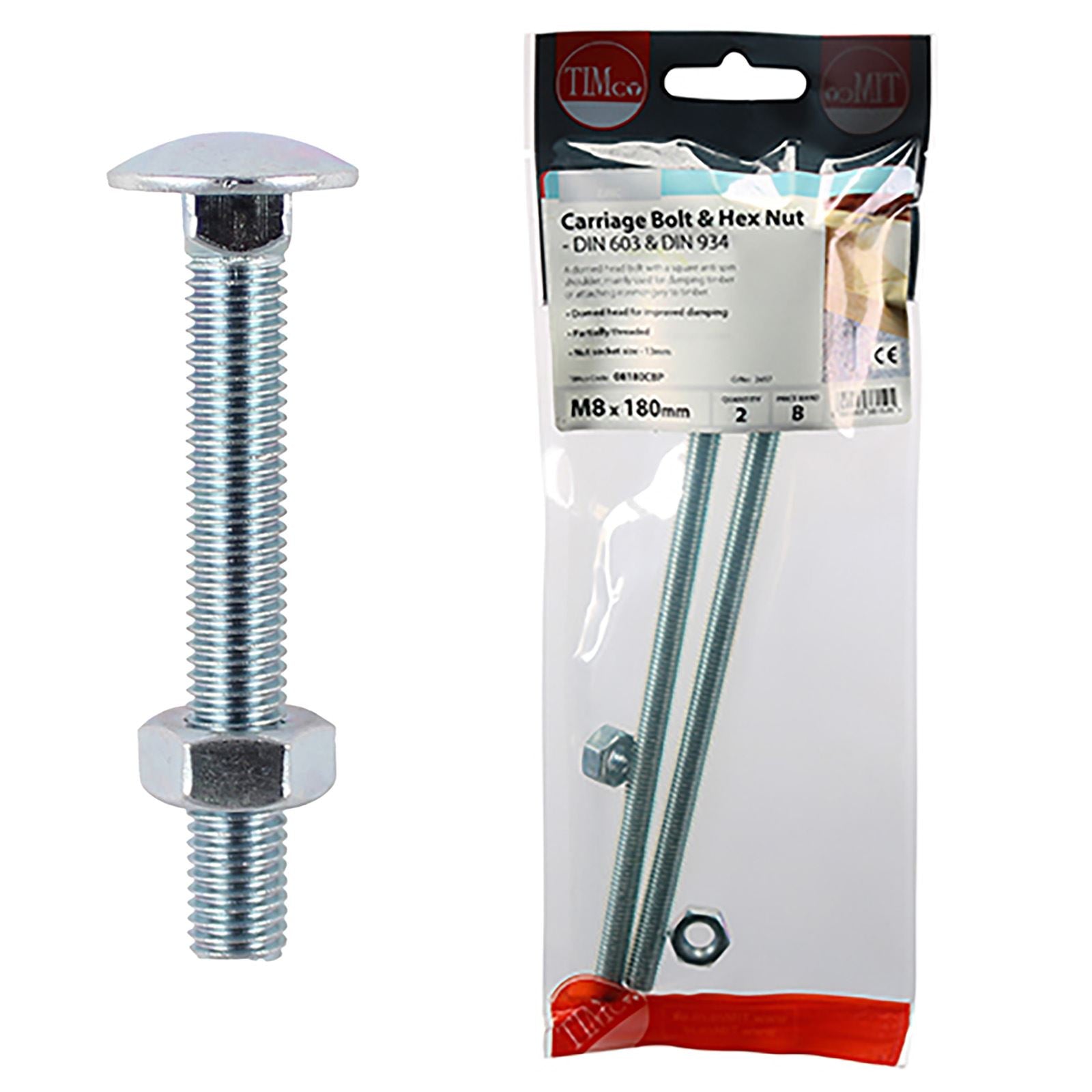 TIMCO Carriage Bolts with Hex Nuts 4.8 Grade Zinc Carbon Steel TIMpac M6-M12 - Choose Size