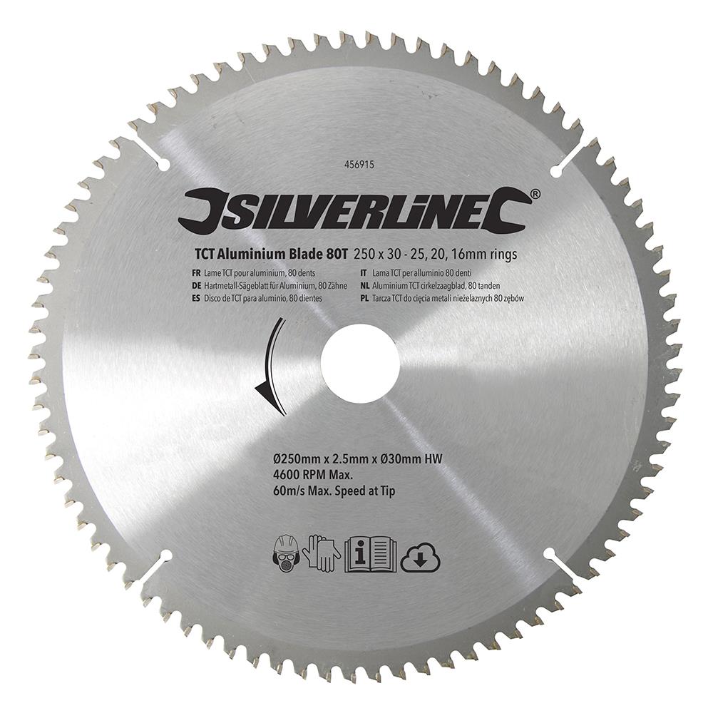 Silverline TCT Aluminium Circular Saw Blade 80T 250 x 30mm - 25 20 16mm Rings