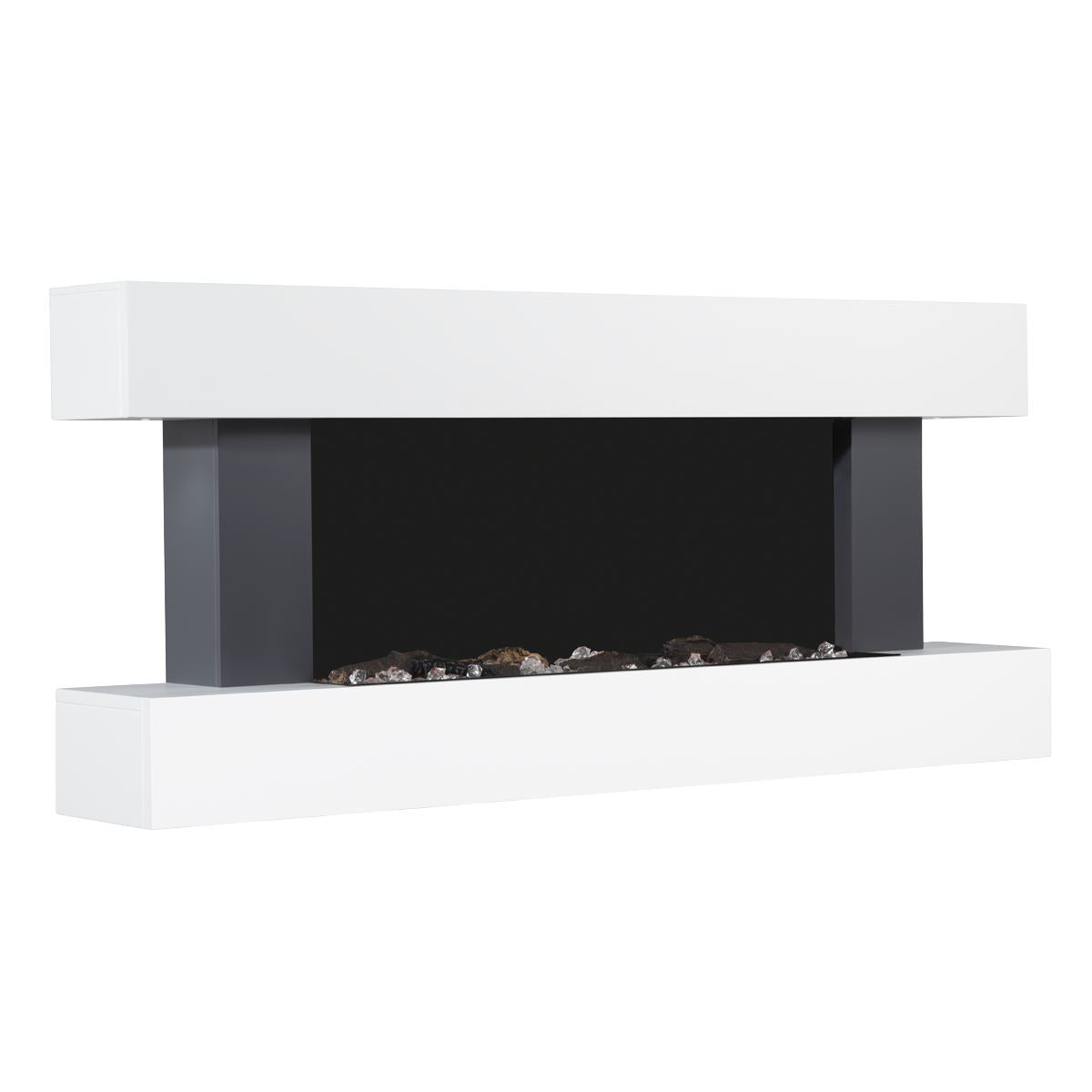 Baridi 46” Wall Mounting 1000W/2000W Electric Fireplace with LED Flame Effects, Side Glass Decoration and Pebble Accessories, Grey