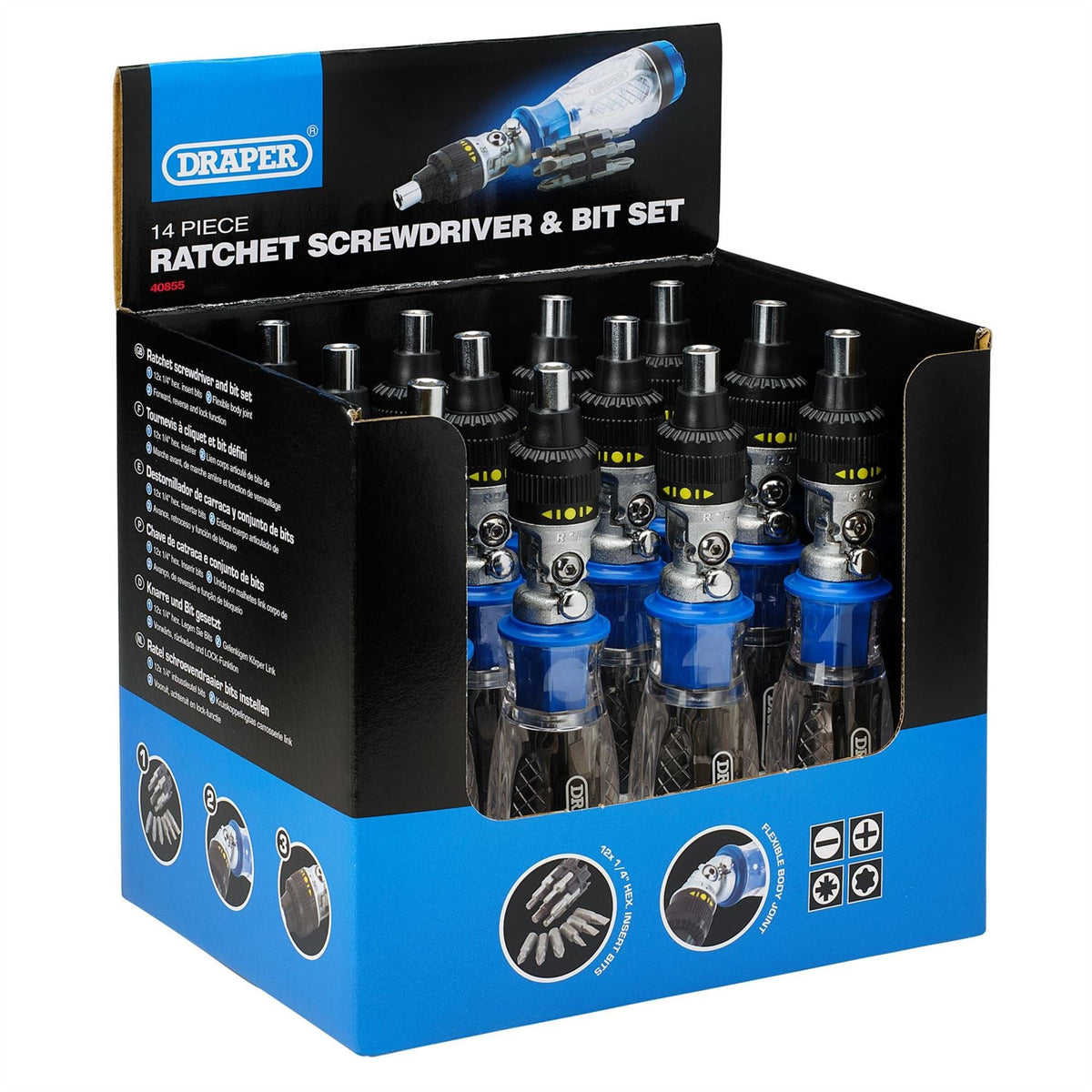 Draper Ratcheting Screwdriver and Bit Set (14 Piece) 40855  White Rose Tools