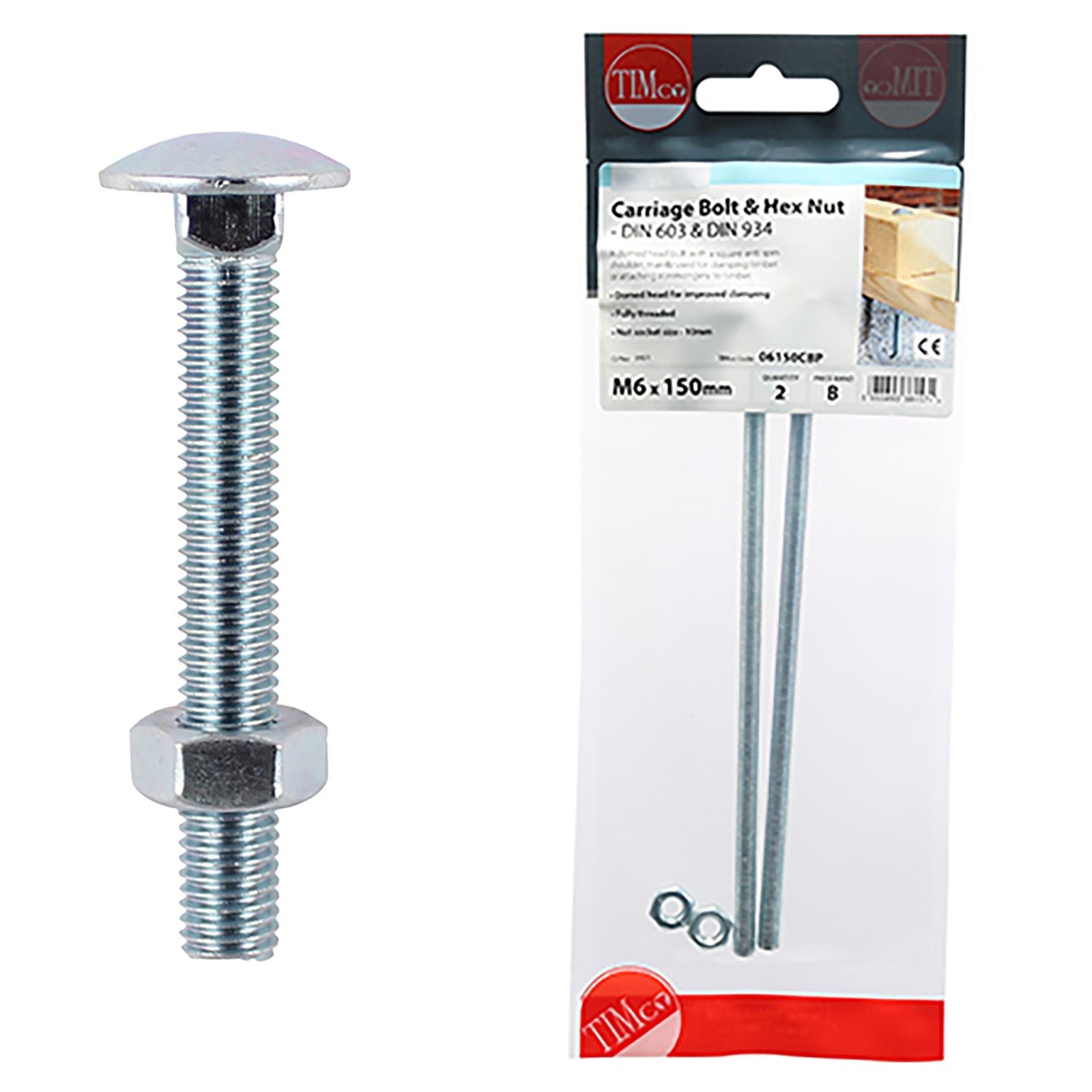 TIMCO Carriage Bolts with Hex Nuts 4.8 Grade Zinc Carbon Steel TIMpac M6-M12 - Choose Size