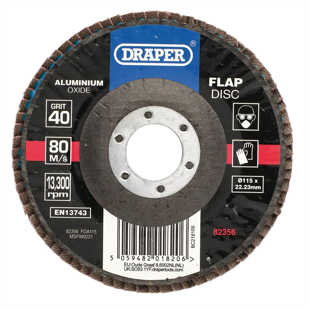 Draper Aluminium Oxide Flap Disc 115 x 22.23mm 40 Grit 82356  White Rose Tools