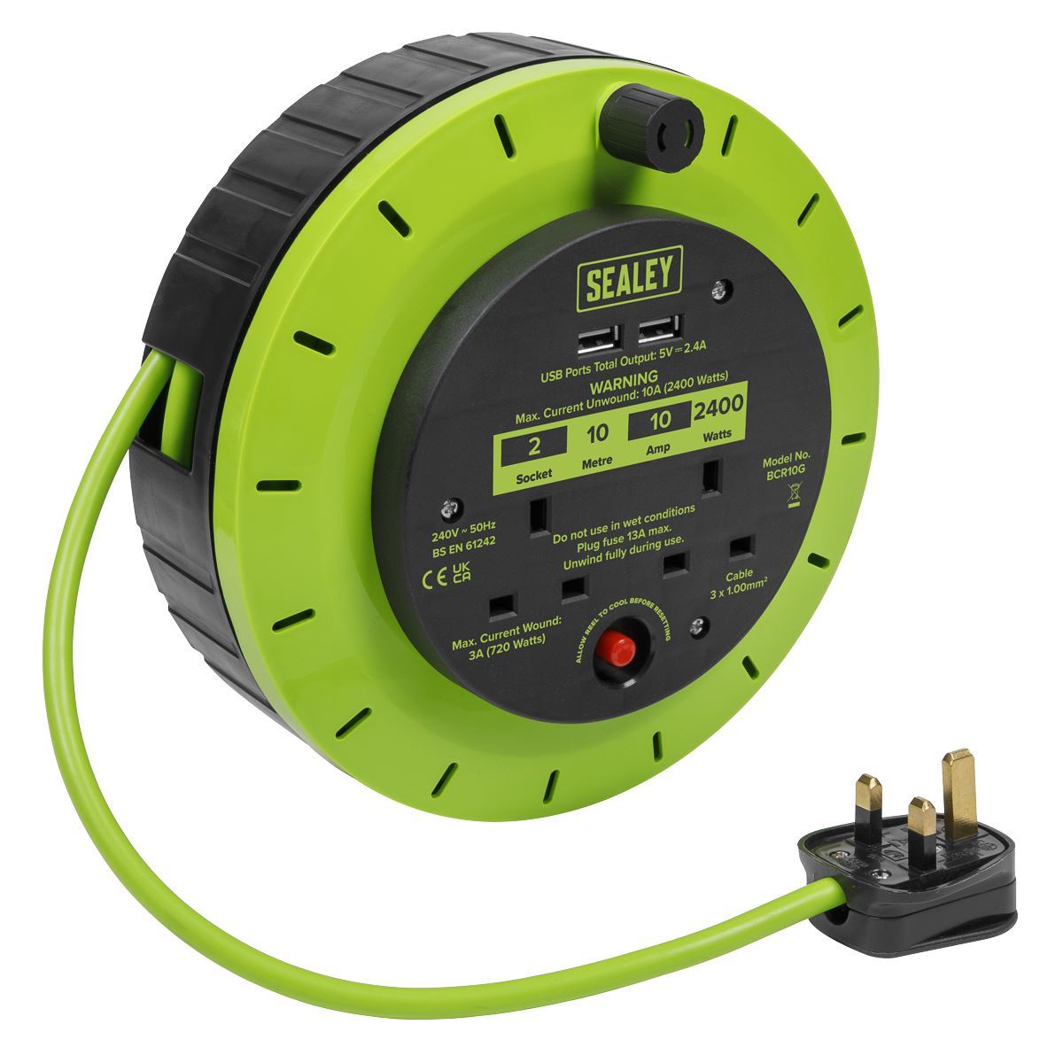 Sealey Cassette Type Cable Reel Green with Thermal Trip 2 x 230V and 2 x USB 10m