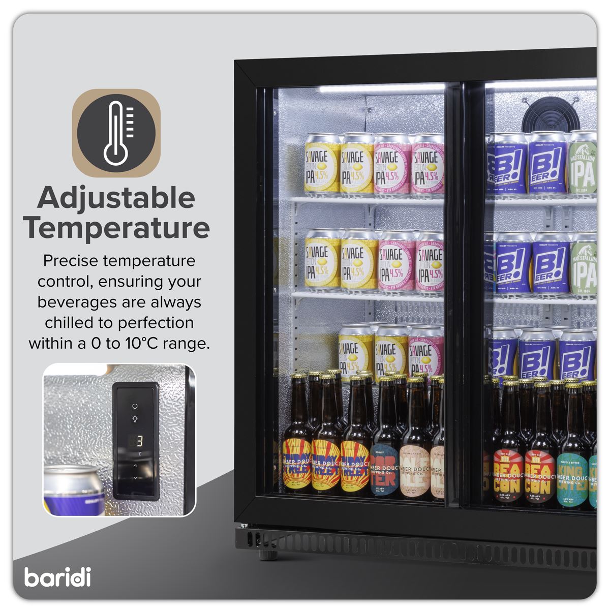 Baridi Back Bar Drinks Fridge/Cooler with Double Sliding Doors, 190L Capacity