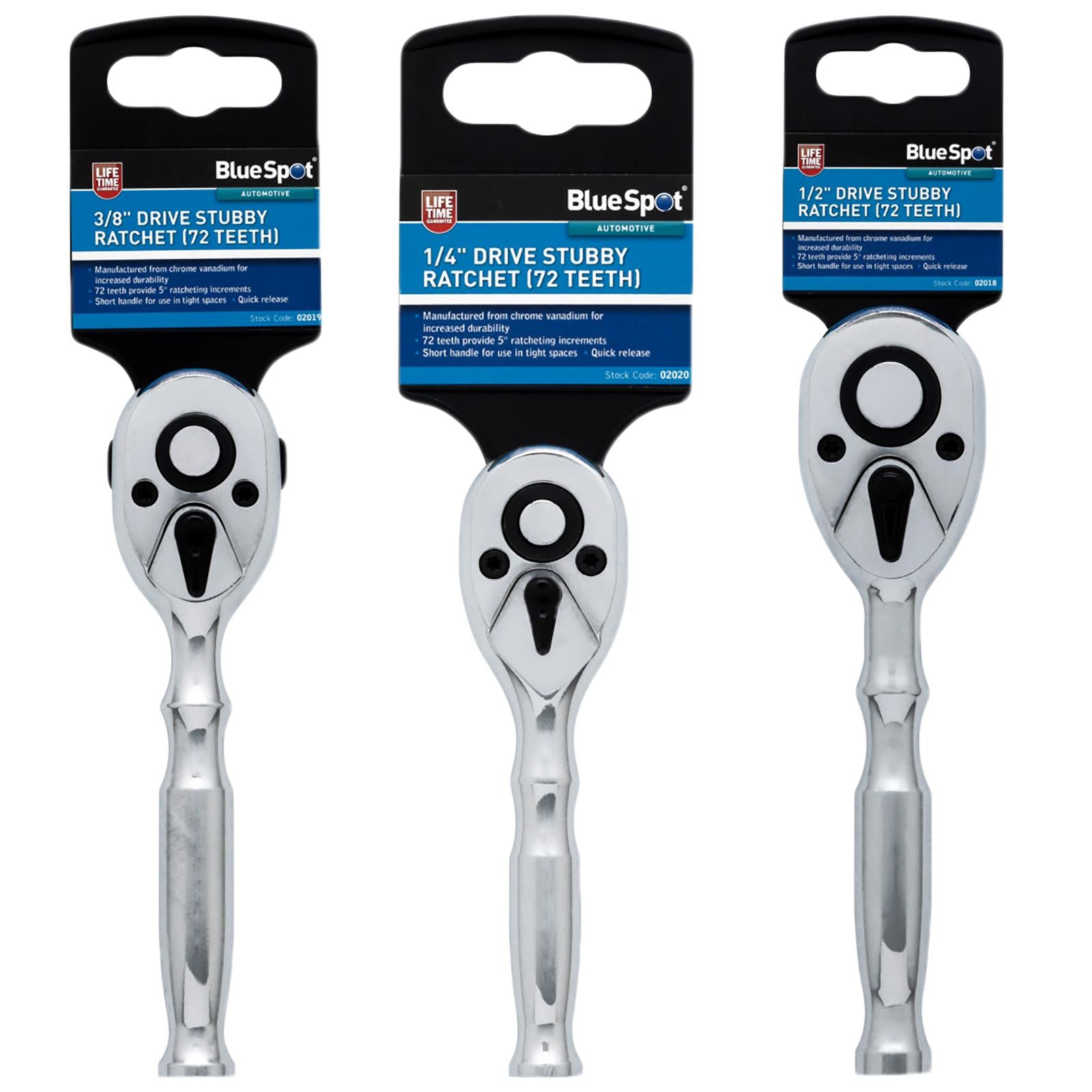 BlueSpot 72 Tooth Stubby Socket Ratchet Handle 1/4" 3/8" 1/2" Drive