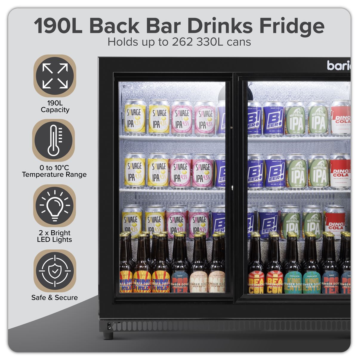 Baridi Back Bar Drinks Fridge/Cooler with Double Sliding Doors, 190L Capacity