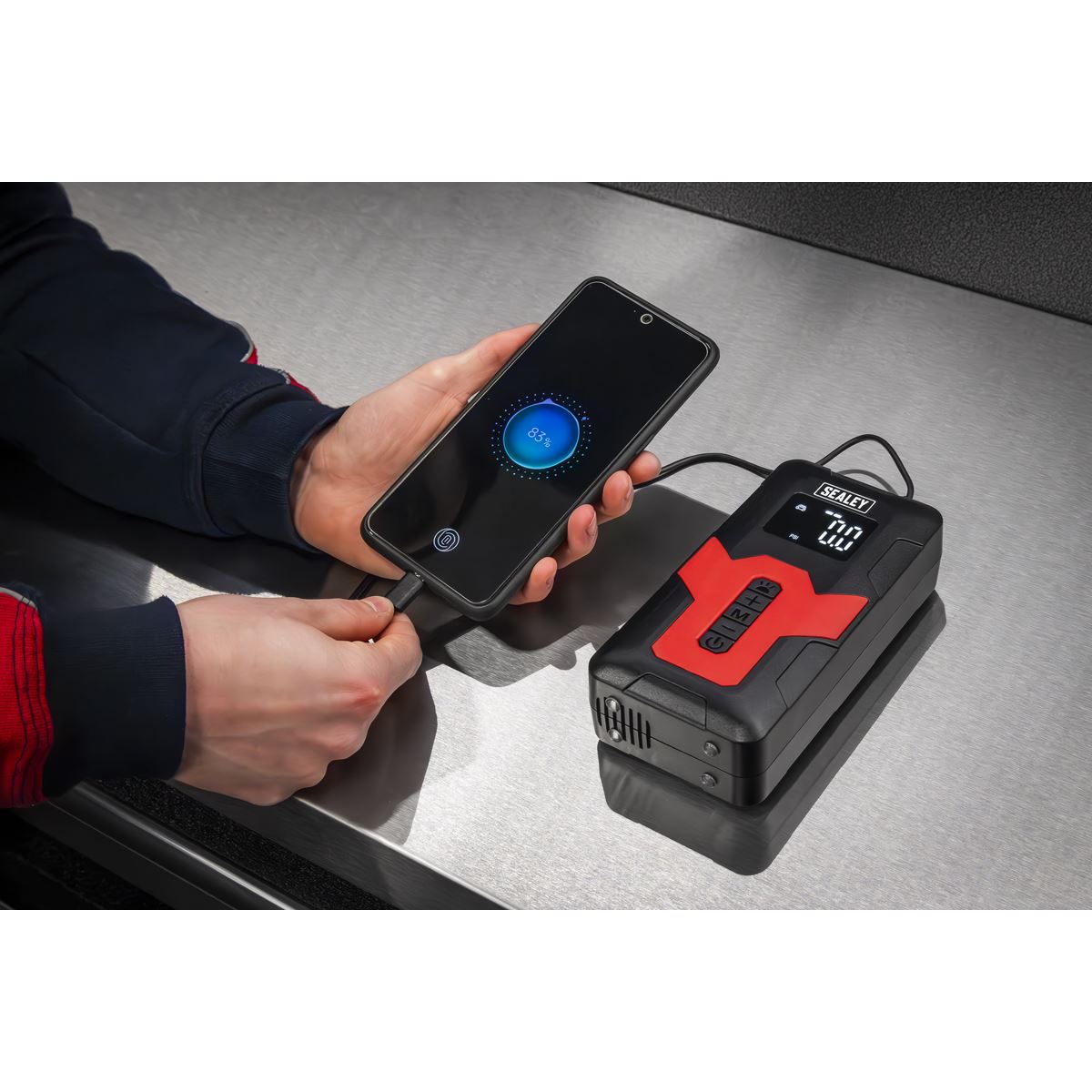 Sealey Rechargeable Tyre Inflator & Power Bank with Worklight 12V  White Rose Tools