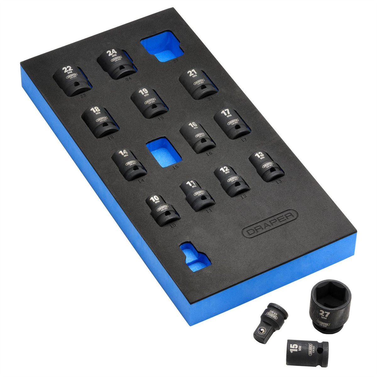 Draper HI-TORQ® Metric Impact Socket Set in EVA Drawer Insert Tray 1/2" Sq. Dr. (15 Piece) 63415  White Rose Tools