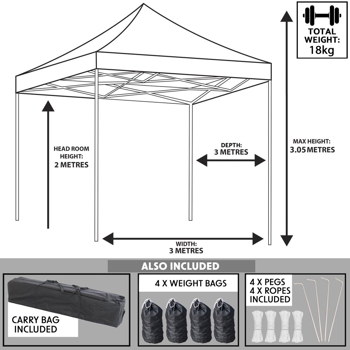 Dellonda Premium 3 x 3m Pop-Up Gazebo, PVC Coated, Water Resistant Fabric, Supplied with Carry Bag, Rope, Stakes & Weight Bags - Grey Canopy