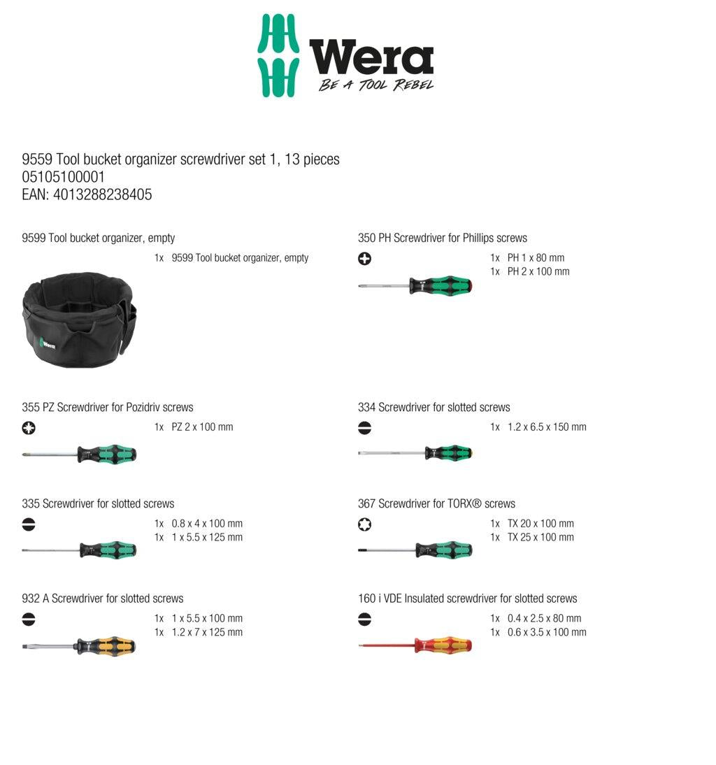 Wera 9559 Tool Bucket Organiser Screwdriver Set 1, 13 Pieces  White Rose Tools