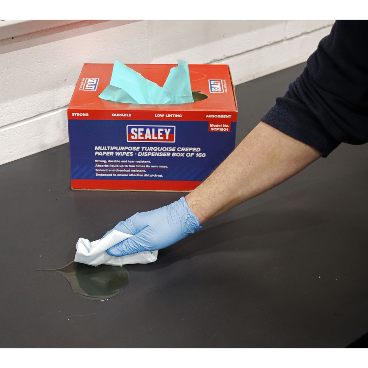 Sealey Multipurpose Paper Wipes in Dispenser Box - Creped Turquoise 69gsm 160 Sheets 