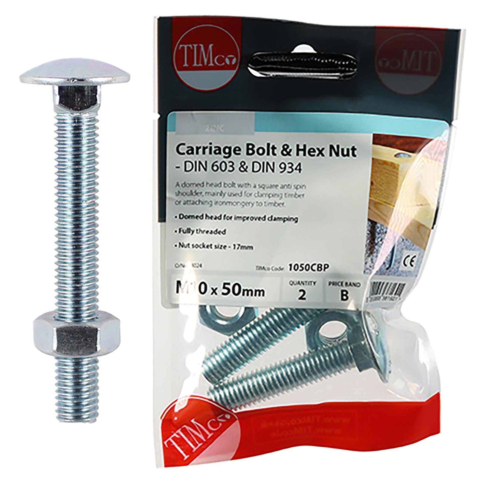 TIMCO Carriage Bolts with Hex Nuts 4.8 Grade Zinc Carbon Steel TIMpac M6-M12 - Choose Size