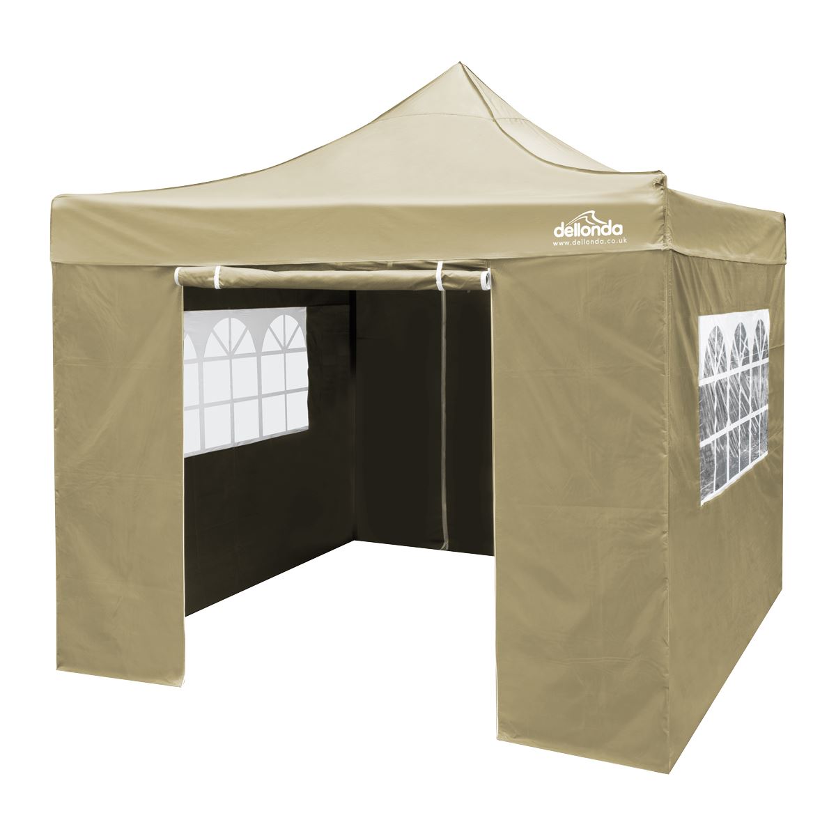 Dellonda Premium 2x2m Pop-Up Gazebo & Side Walls, PVC Coated, Water Resistant Fabric, Supplied with Carry Bag, Rope, Stakes & Weight Bags - Beige