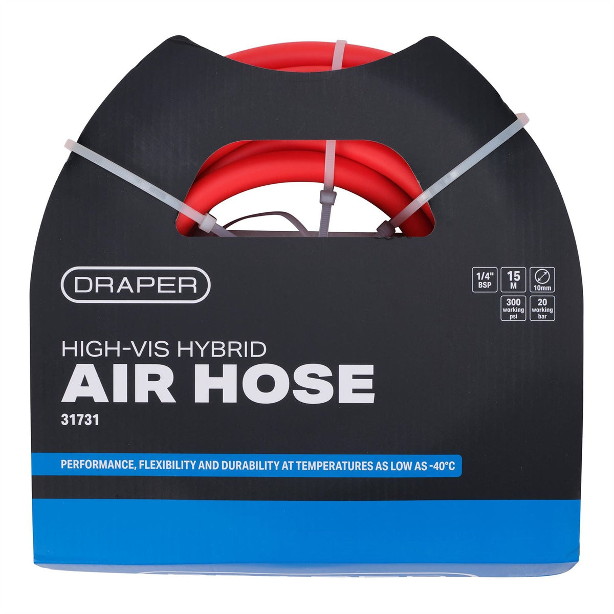 Draper High Visibility Hybrid Air Hose 15m x 10mm 1/4" BSP Red 31731  White Rose Tools