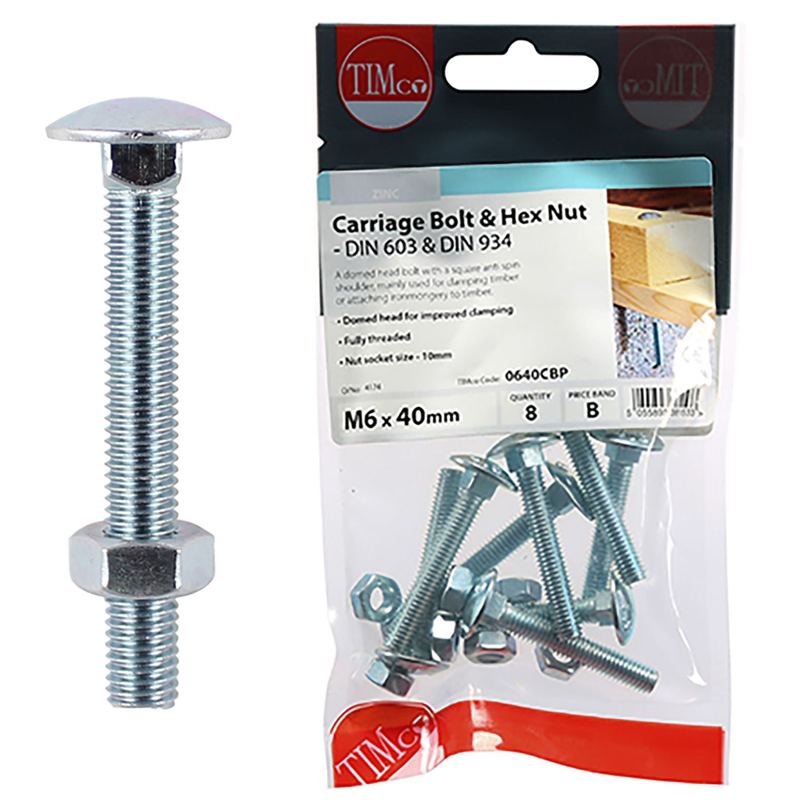 TIMCO Carriage Bolts with Hex Nuts 4.8 Grade Zinc Carbon Steel TIMpac M6-M12 - Choose Size