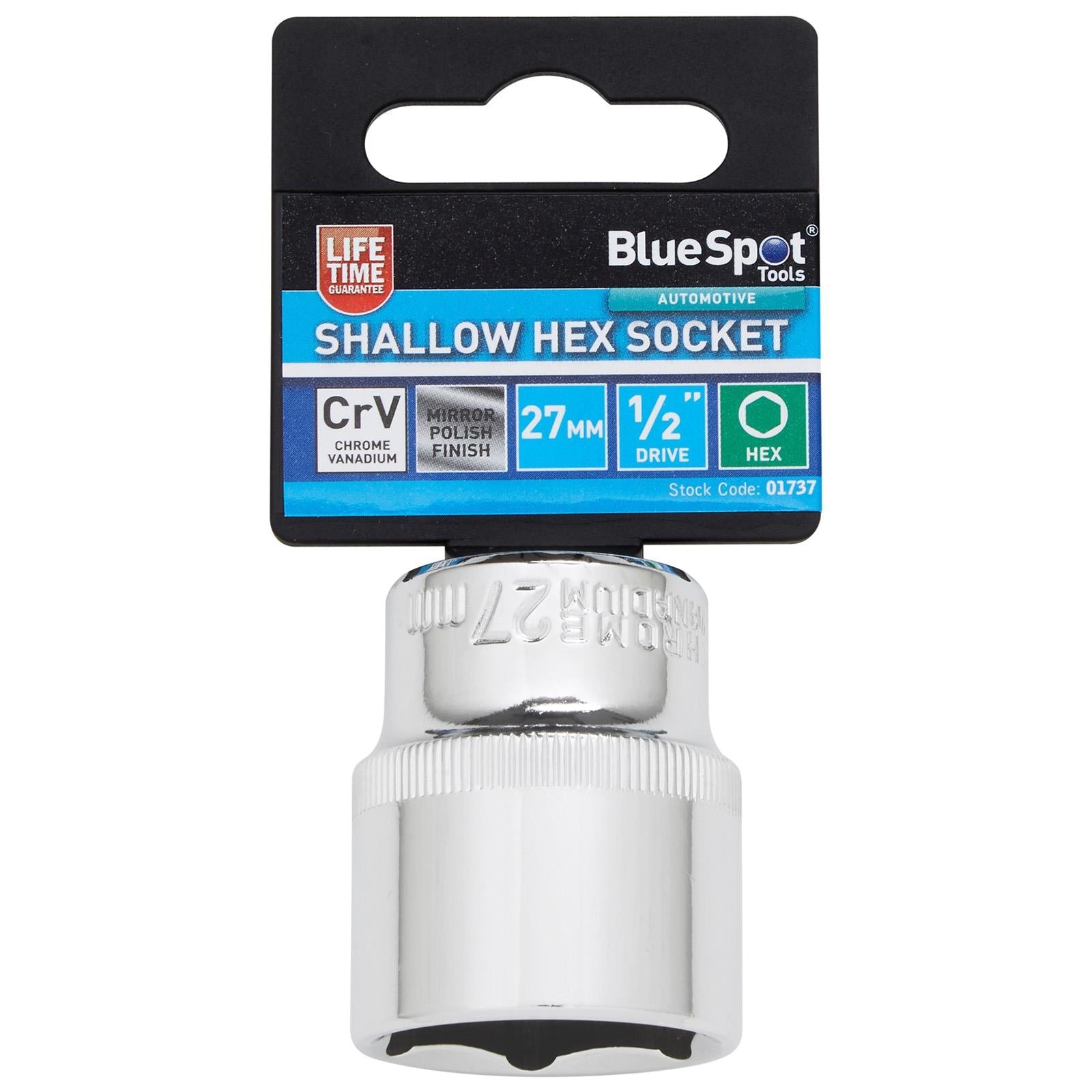 BlueSpot Shallow Socket 1/2" Drive 6 Point Hex Chrome Individual 8-32mm - Choose Size  White Rose Tools