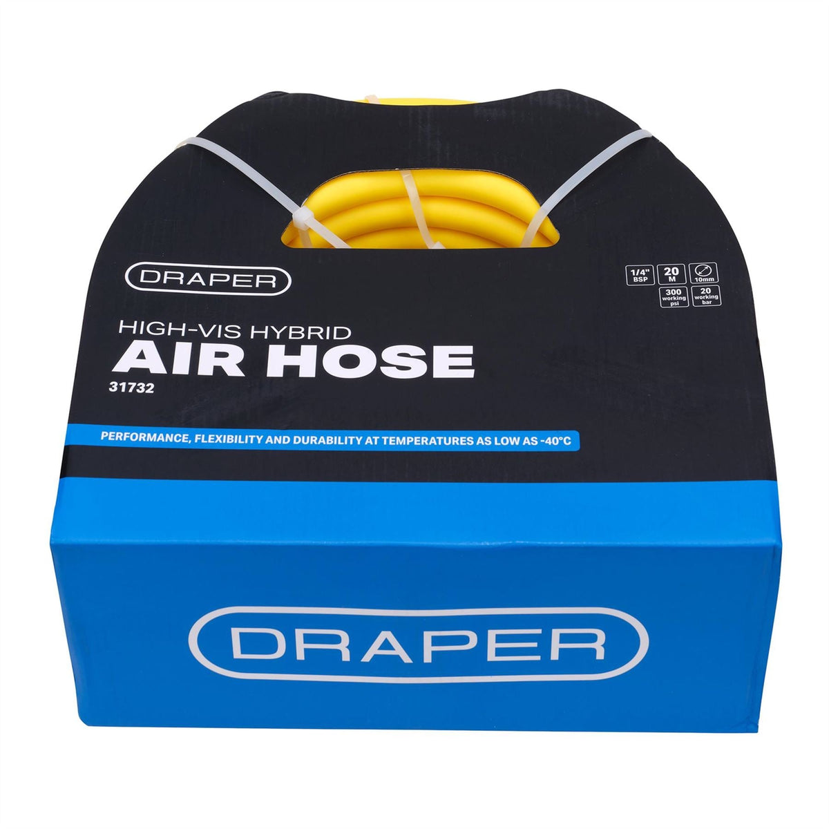 Draper High Visibility Hybrid Air Hose 20m x 10mm 1/4" BSP Yellow 31732  White Rose Tools