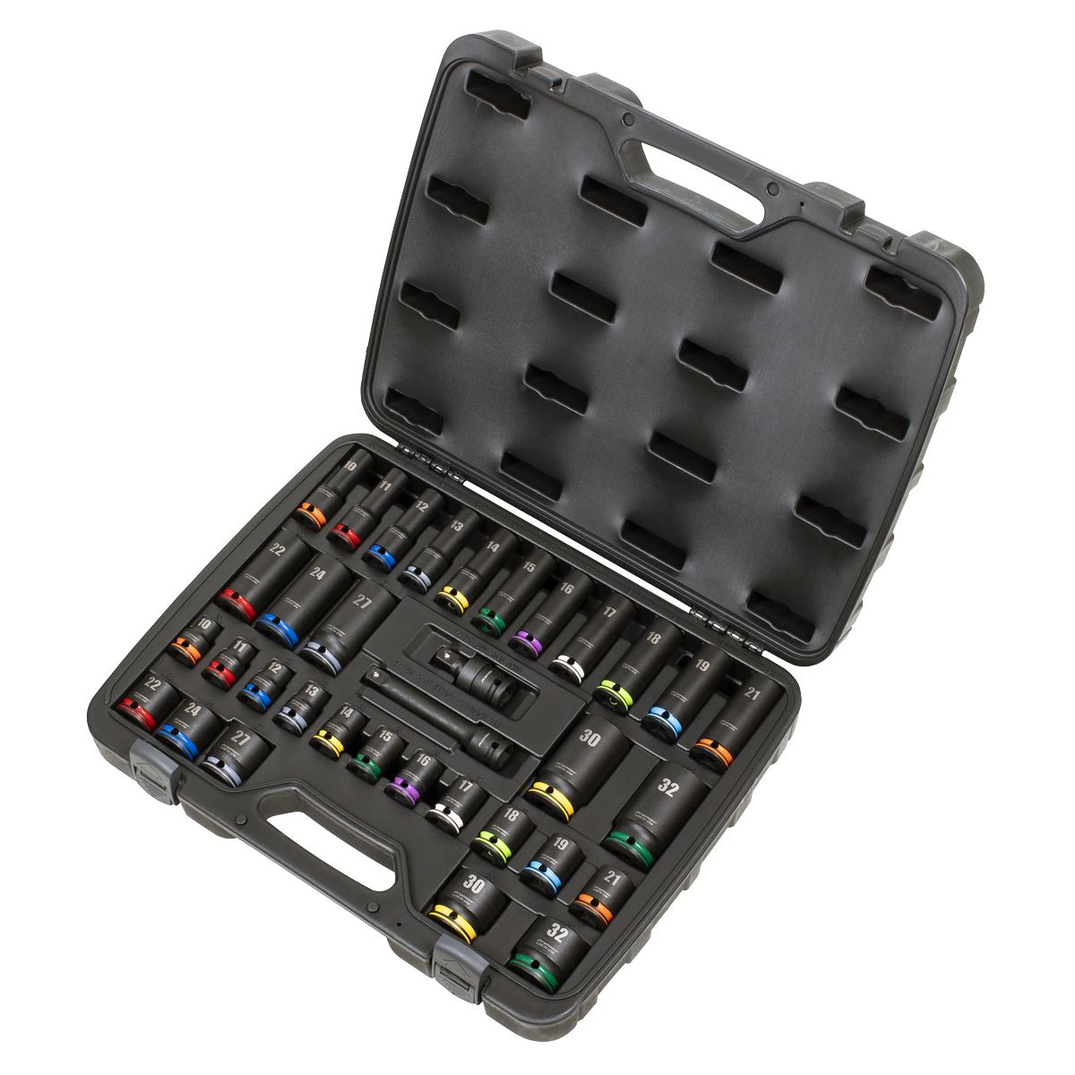 Sealey Premier Lock-On™ Standard & Deep Impact Socket Set 34pc 1/2"Sq Drive 6pt Metric  White Rose Tools