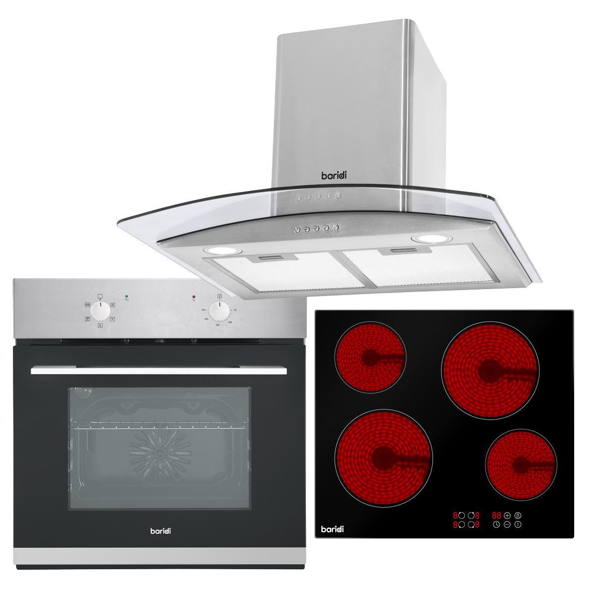 Baridi 4 Zone Ceramic Hob, 5-Function Fan-Assisted Oven & Curved Glass Cooker Hood