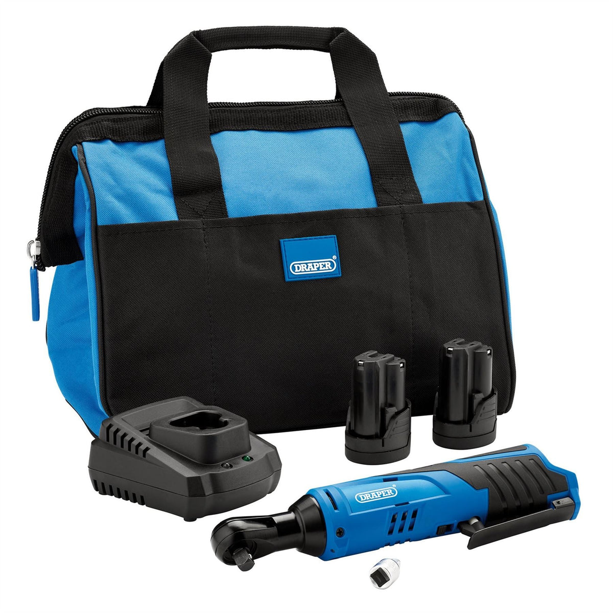 Draper 12V Ratchet Kit 2 x 1.5Ah Batteries 1 x Fast Charger 1 x Tool bag 23649  White Rose Tools
