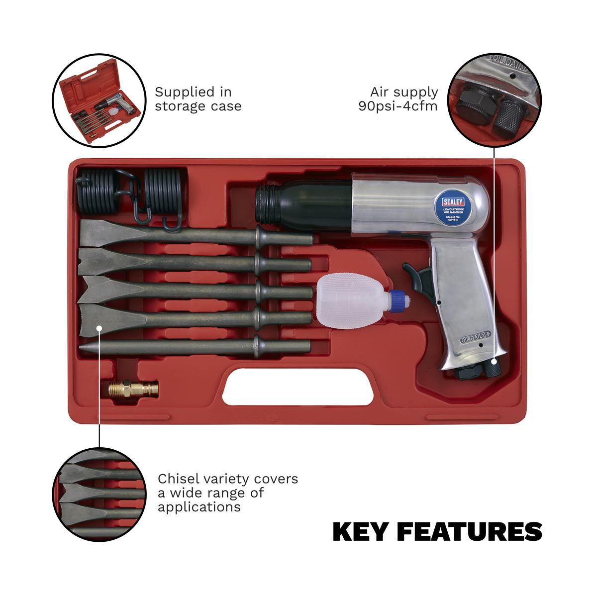 Sealey Air Hammer with Chisels Long Stroke Air Tool Workshop Garage 